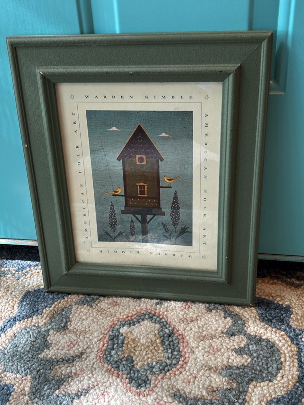 Warren Kimble Framed Folk Art Birdhouse Print - Green Frame